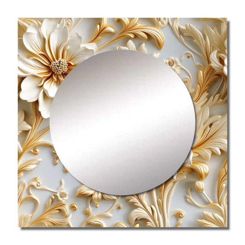 Or et blanc fleur royale Serenity - miroir carré bohémien et éclectique pour décoration murale, 29 po x 29 po