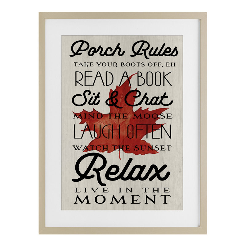 Canada Porch Rules with Leaf, reproduction encadrée sous verre, design par Lil 'Rue, H 20 po x l 14 po