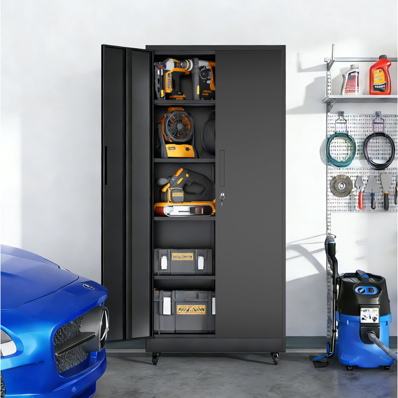 71"H Metal Garage Storage Cabinet With Wheels And Lock, Heavy Duty Rolling Metal Cabinet, 4 Adjustable Shelves (180Lb Each), 3-Point Locking Security, For Tool Organization In Garage, Workshop, Office