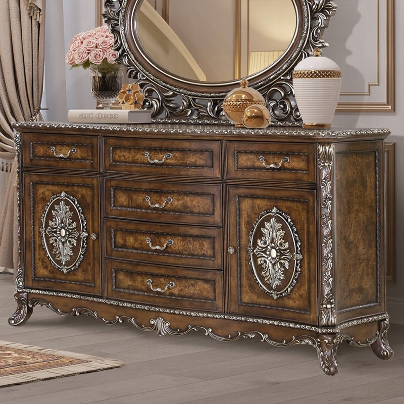 Commode 6 tiroirs et 2 portes avec bordure florale au fini cerisier