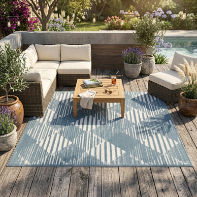 Turkish Unfaded Geometric Indoor Outdoor High-Low Pile Area Rug in Blue/Cream for Patios, Deck, Porch Or Entryway