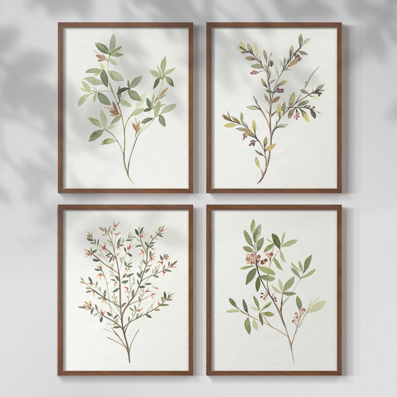 «Simple Sprig I», ensemble de 4 reproductions encadrées, H 20 po x l 16 po, Noyer
