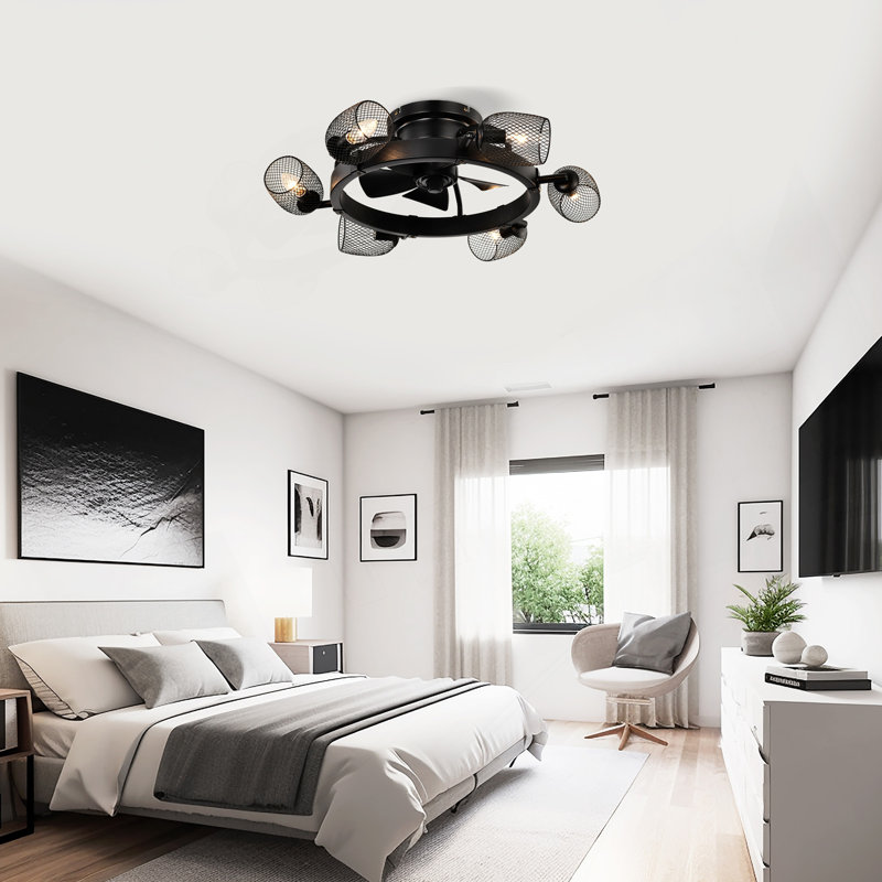 Ventilateur de plafond industriel 25,8 po avec télécommande, ventilateur de plafond 5 pales en ABS de petite taille pour salon, salle à manger, chambre à coucher, salle familiale, noir mat, 6 pièces E26 (n'inclut pas les ampoules)