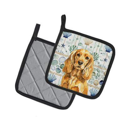 Golden English Cocker Spaniel Coastal Sea Glass Pair of Pot Holders