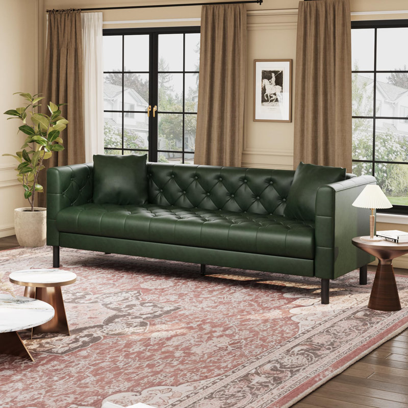 Canapé de 81 po en cuir, canapé Chesterfield à assise profonde capitonné à 3 boutons fait à la main, Vert