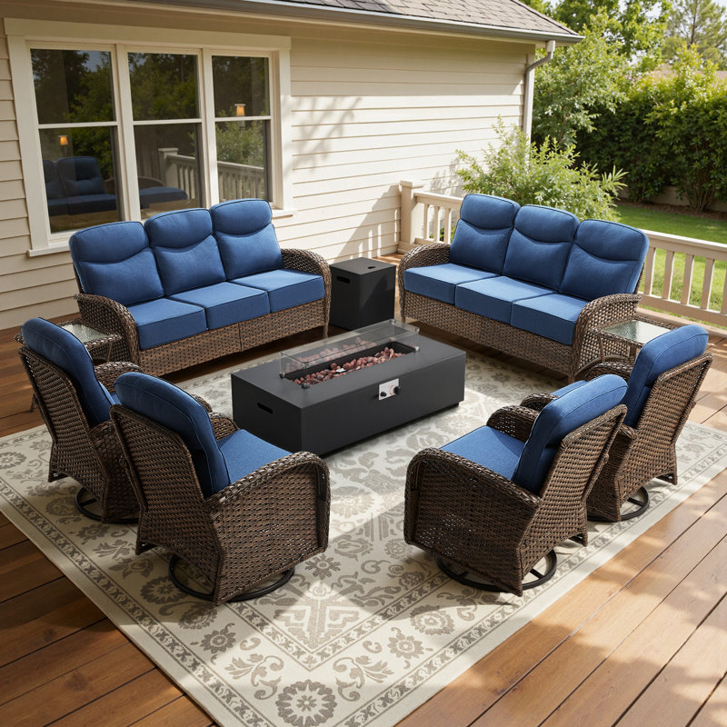 9-Piece Outdoor Garden Nighttime Moments Family Sofa Conversation Set With Swivel Chairs And Split-Type Fire Pit, Blue