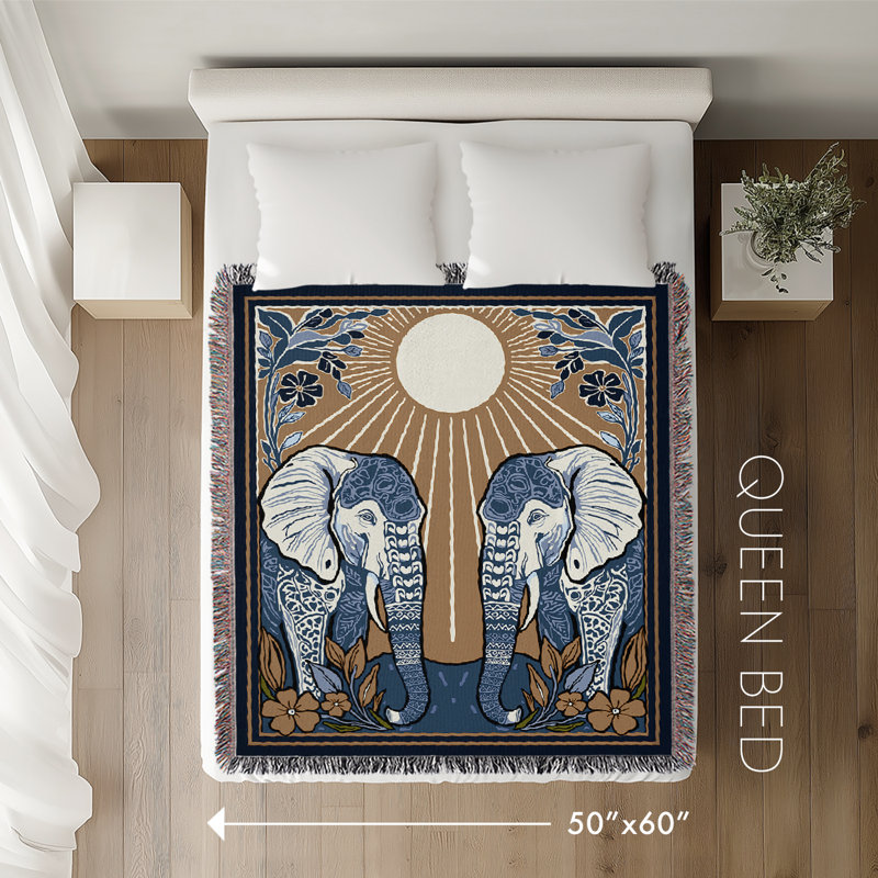 Jeté en mélange de coton Lim Elephant, Noir / bleu / rouge, L 60 po x l 50 po
