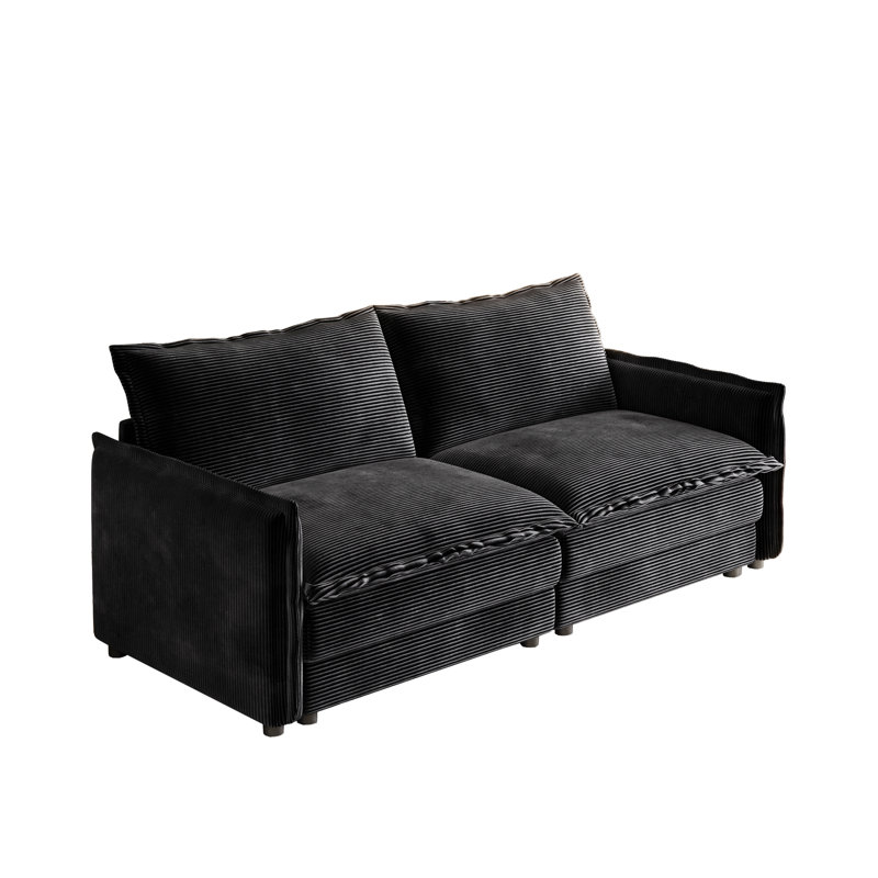Corduroy Fabric Loveseat Sofa Couch For Living Room, Upholstered Large Size Deep Seat 2-Seat Sofa With 2 Pillow, Black
