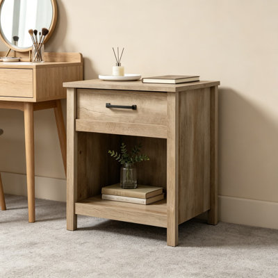 Table de chevet avec tiroir et tablette ouverte, table de chevet pour la chambre à coucher, table de bout au fini linteau de chêne