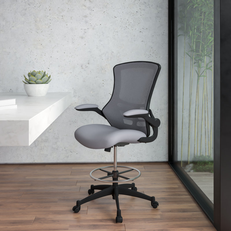 Mid-Back Mesh Ergonomic Drafting Chair with Adjustable Foot Ring and Flip-Up Arms, Dark Grey