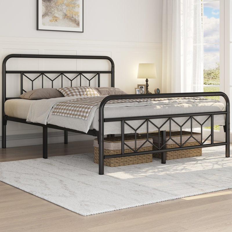 Aylena Vintage Metal Bed Frame with Diamond Pattern Headboard, Queen, Black