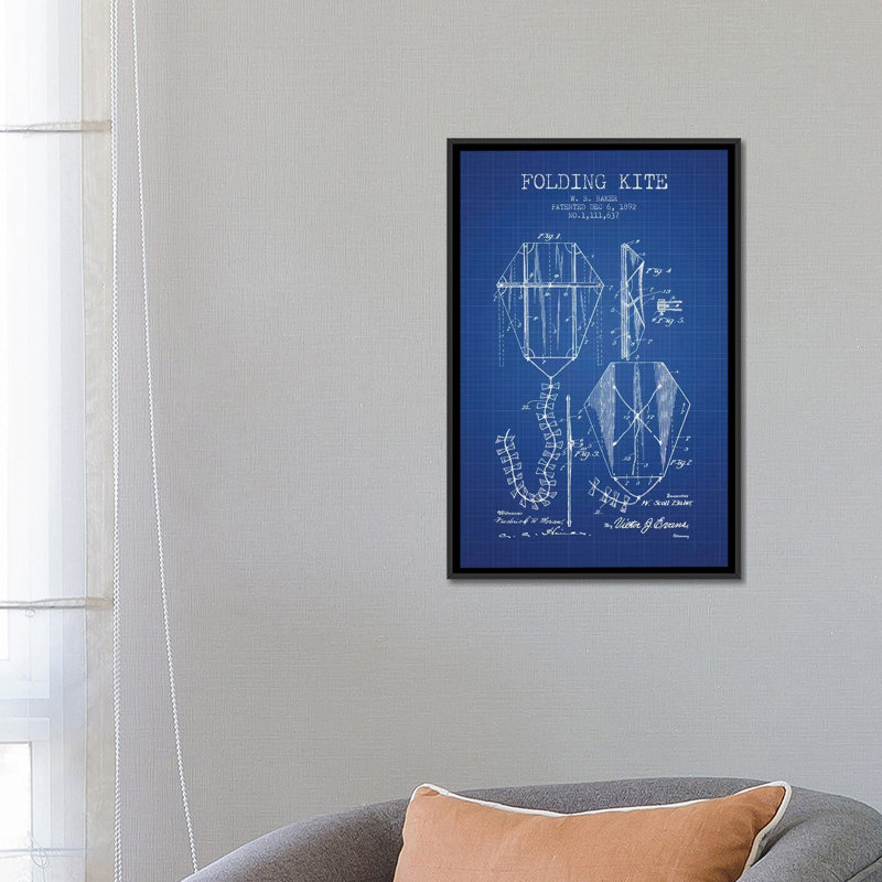 « w.s. baker fold pliant brevet », impression sur toile en grille bleue, H 60 po x l 40po x P 1,5 po, Toile avec cadre noir