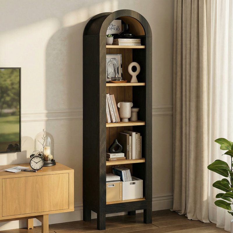 70.9"H X 13.78 "W  5-Tier Arched Bookcase, Narrow Open Display Bookshelf  For Bedroom, Livingroom, Home Office, Natural/Black