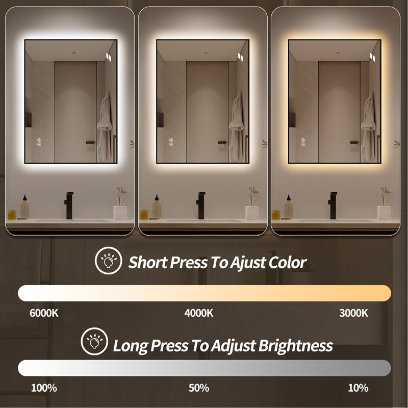 30" x 36" LED Bathroom Mirror, Aluminum Frame Backlit Vanity Mirror, Anti-Fog, Dimmable & 3 Colour Temperature, Memory Function, Wall Mounted (Horizontal/Vertical)