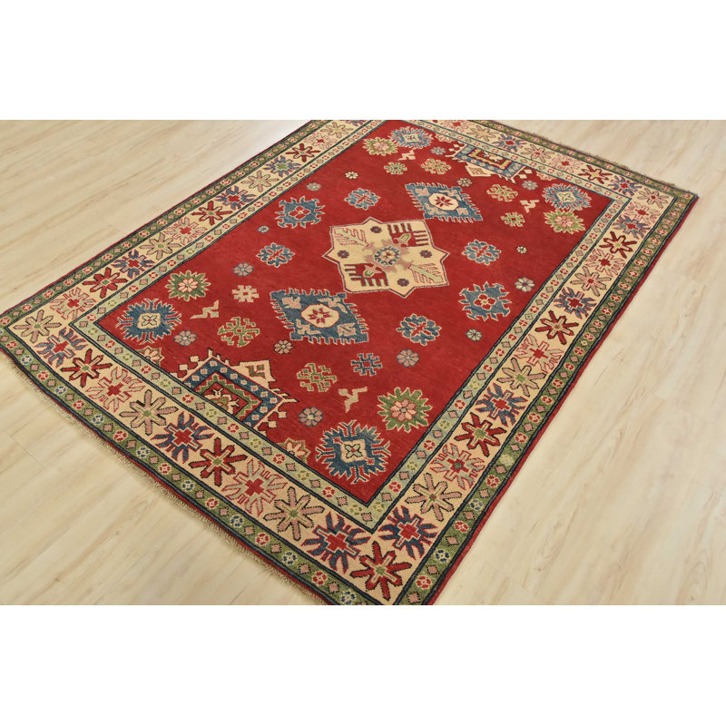 Tapis unique en laine noué à la main rouge / bleu / crème 4 pi 10 po x 6 pi 7 po Lucynda
