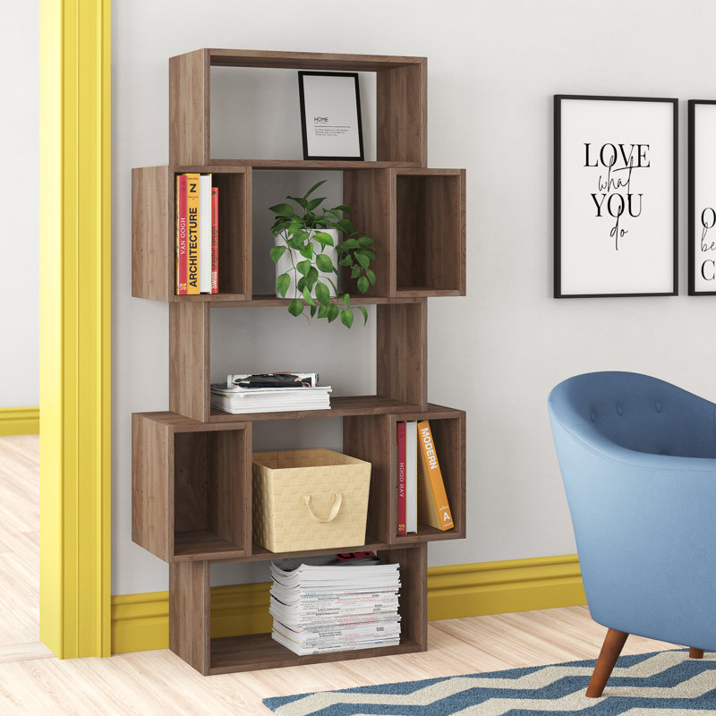 Modern Dark Oak Bookshelf, 66.1 x 63.0 x 11.8 inches | 100% Melamine Coated Particle Board, Thickness: 0.7 inches | Features Numerous Shelves & Wall-Mountable Design | Elegant Storage Solution for Home & Office