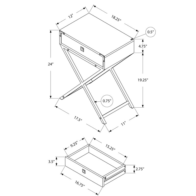 Table d'appoint chic avec une spacieuse base rectangulaire rectangulaire en stratifié gris et des pieds en métal noir