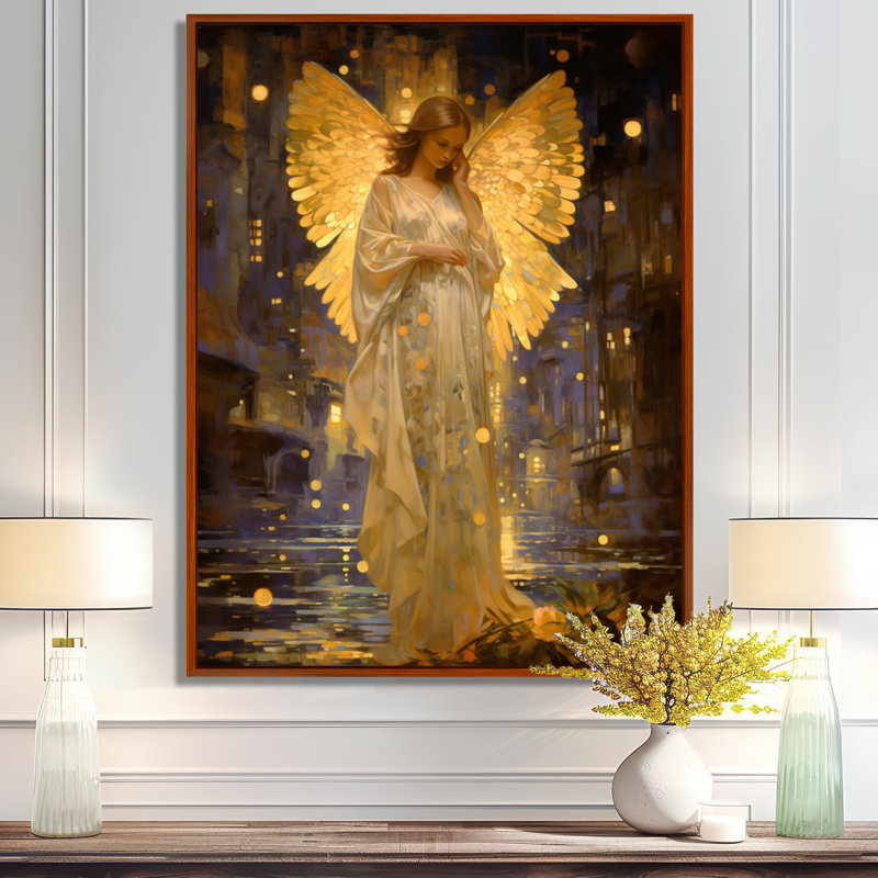 Ange doré prenant soin des ailes - salon d'art mural Wings Angel, Cadre flottant brun, H 32 po x l 16 po
