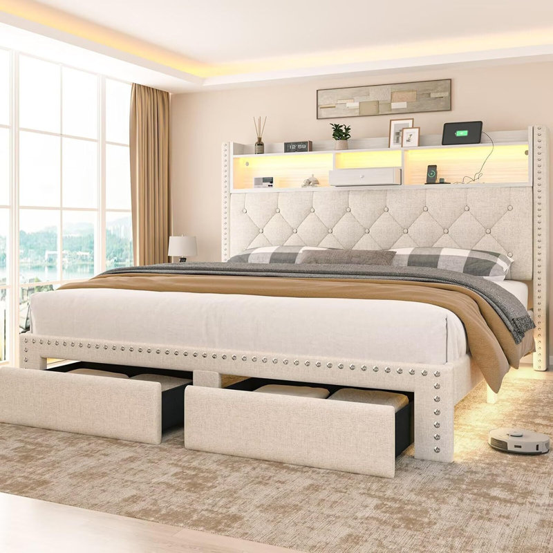 Base de lit grand format avec tête de lit à 2 niveaux et station de charge, cadres de lit plateforme tapissiers avec 2 tiroirs de rangement, support à lattes en bois, aucun sommier nécessaire, beige