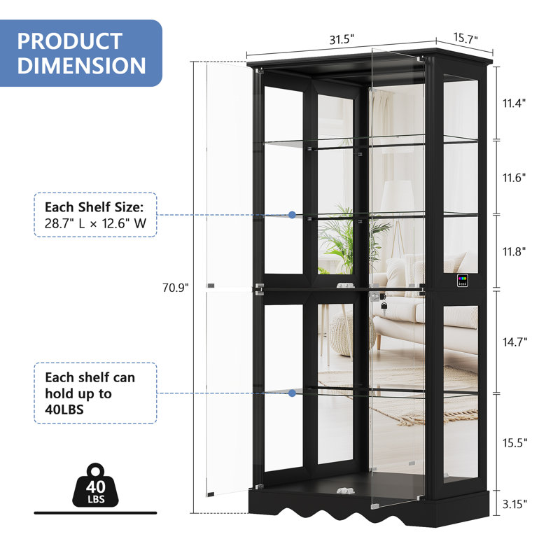 Glass Display Cabinet with Dazzles LED Lights, Black