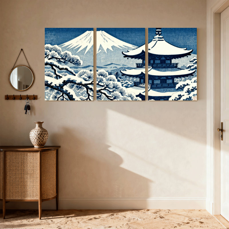 «Snowy Mountain Temple», ensemble de 3 impressions sur toile, H 24 po x l 48 po