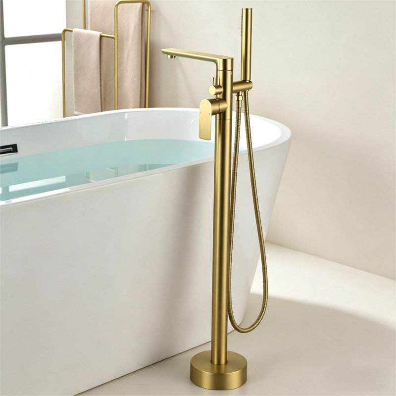 Robinet de baignoire autoportant à fixation au sol avec douche à main, Or brossé
