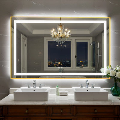 Bathroom LED Mirror Brushed Gold Metal Frame Frontlit & Backlit Vanity Mirror Anti-Fog Stepless Dimmable 3 Colors Wall-Mounted