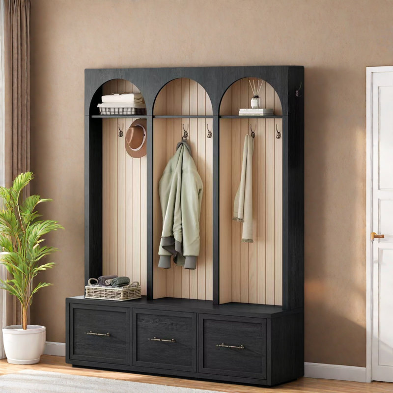 Farmhouse Wooden Style Hall Tree With Arched Design, Bench, 8 Retro Hooks, And 3 Drawers, Black