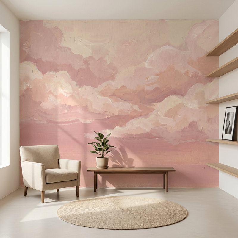 Papier peint rose avec nuages décoratifs pastel Sky Sunset Haze, 120 po x 96 po, Peler et coller