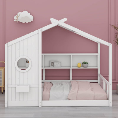 Floor Bed With Shelves,Bed Frame For Kids, House Shaped Toddler Bed Frame, Solid Wood Kids Bed With Roof