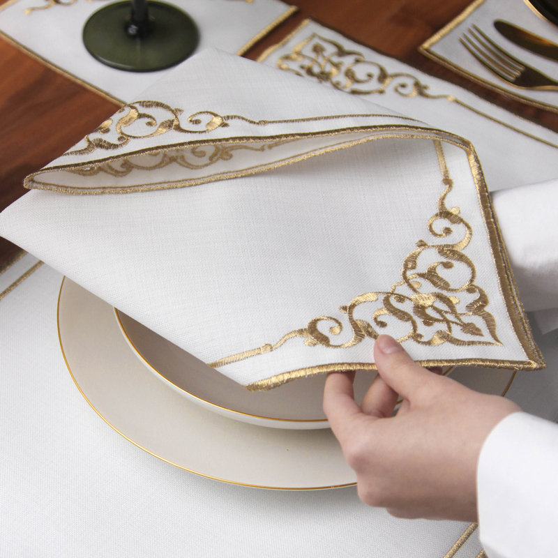Embroidered White Linen Placemats with Gold Scrollwork – 24pc Elegant Table Mats Set for 6 Person | Islamic Decorative Dining Linens