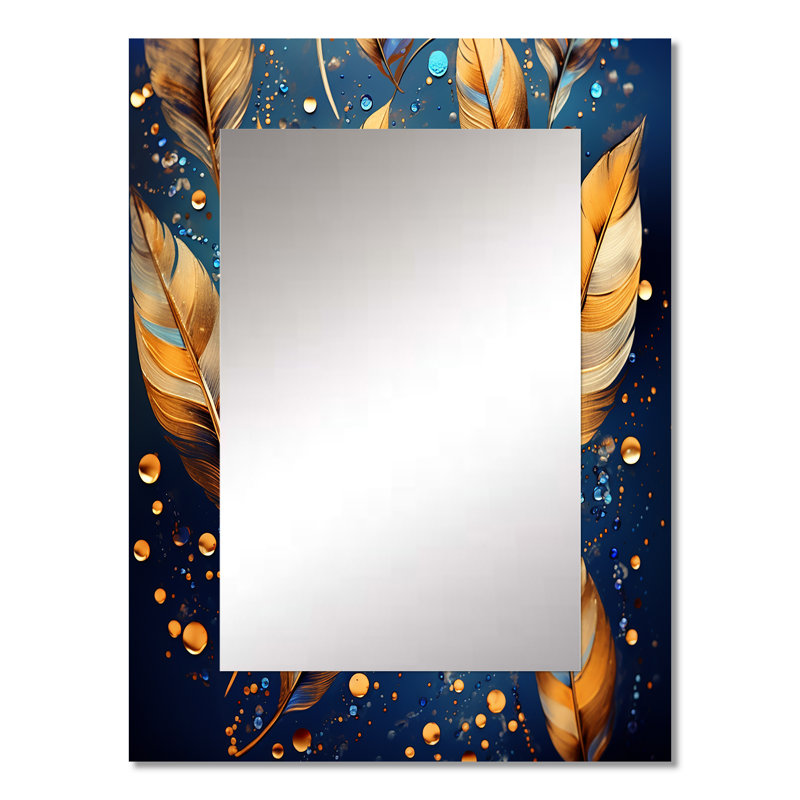Boho Glam Gold Feathres On Cosmic Blue I - Feathers Large Wall Mirror, Modern Unique Mirror, Printed Metal Art, 32" x 24"