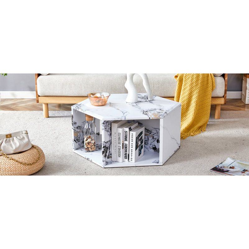 Élégante table basse hexagonale en MDF: motifs accrocheurs, rangement innovant à plusieurs trous, design polyvalent pour toute esthétique de pièce