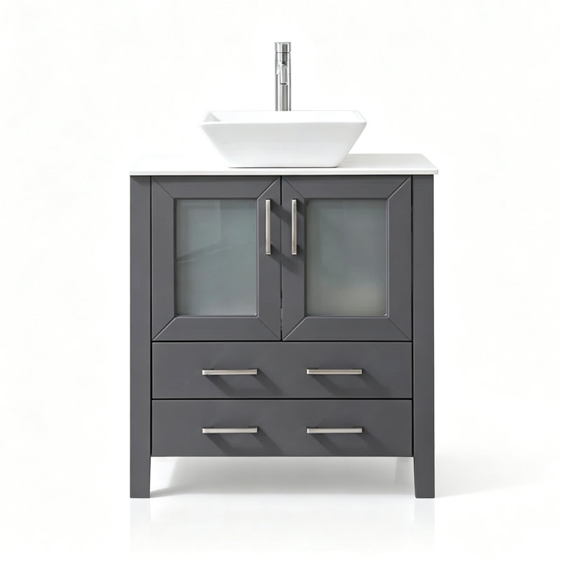 Meuble-lavabo autoportant moderne 30 po avec vasque en céramique, Argent