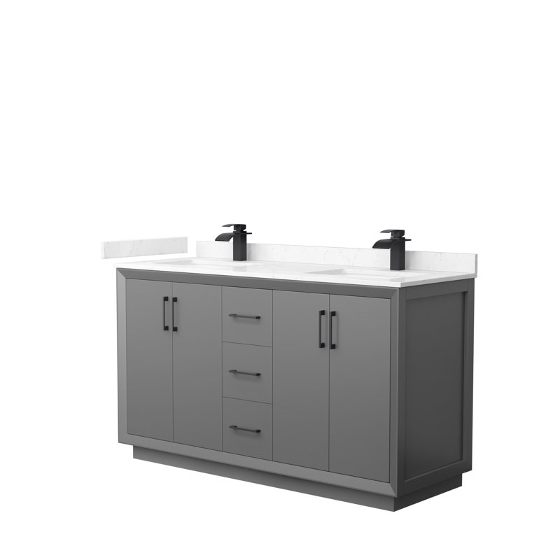 Ensemble de meuble-lavabo double 60 po Strada, Gris foncé, Noir mat, Marbre de culture blanc