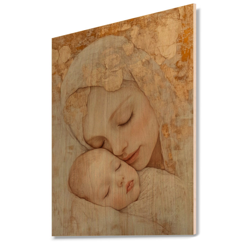 «Mother and Child in Tender Light», art mural moderne en bois, H 32 po x l 24 po, Rectangulaire