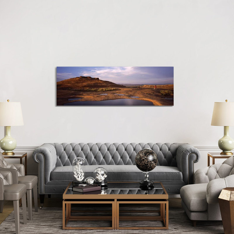 Mountain Bike Riders on a Trail, Slickrock Trail, Sand Flats Recreation Area, Moab, Utah, USA 1 Piece Wrapped Canvas Panoramic Wall Art