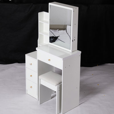 Left Bedside Cabinet Vanity Table For Tiny Spaces, With Padded Seat & Extra Large Mirror, Multi-layer Storage, White Dresser Small Areas Sized Cushioned Stool, Sliding High Capacity Compact Material