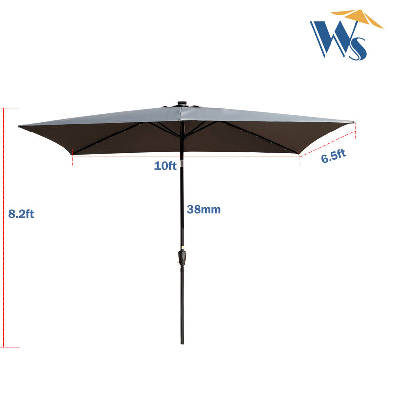Parasol solaire rectangulaire 10 pi x 6,5 pi avec lumières DEL. Auvent, manivelle et inclinaison. Pour la cour, le jardin, le bord de la piscine. Poteau noir