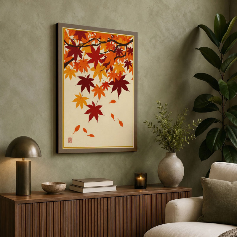 Falling Autumn Leaves Japandi - Wrapped Canvas, 18x12 - 45.7 x 30.5 cm, Taupe Border