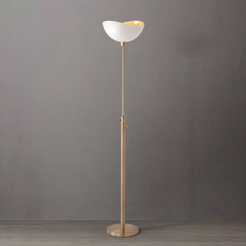Luna Arc Lamp - Mid-Century Modern, Weather Brass Finish, Marble Base, Linen Drum Shade, Dimmable, 92" Height, Matte Black/Gold