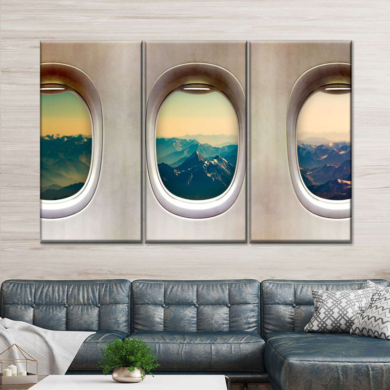 Vieilles fenêtres d'avion - ensemble de 3 toiles tendues, H 28 po x l 45 po