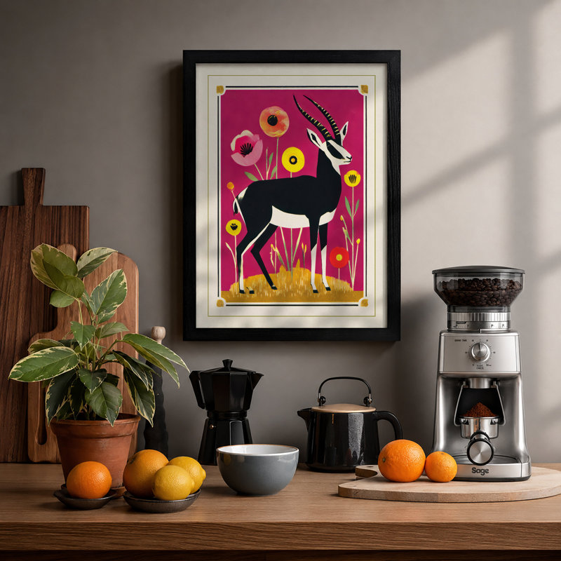 Deer Among Flowers Modern - Single Picture Frame Print, A3 - 42.0 x 29.7 cm, Black