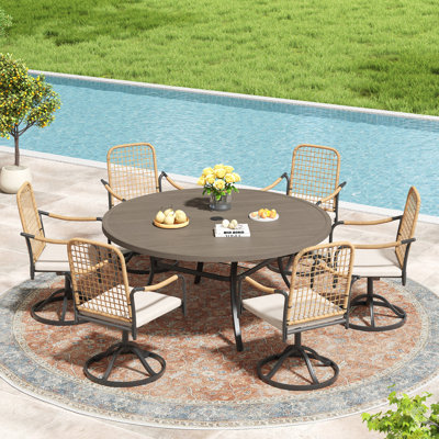 6 - Person Outdoor Dining Set With Cushioned Swivel Woven Rattan Chairs