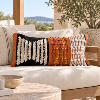 Boho Tufted Cotton Lumbar Pillow Cover Black & Ochre 12 x 28