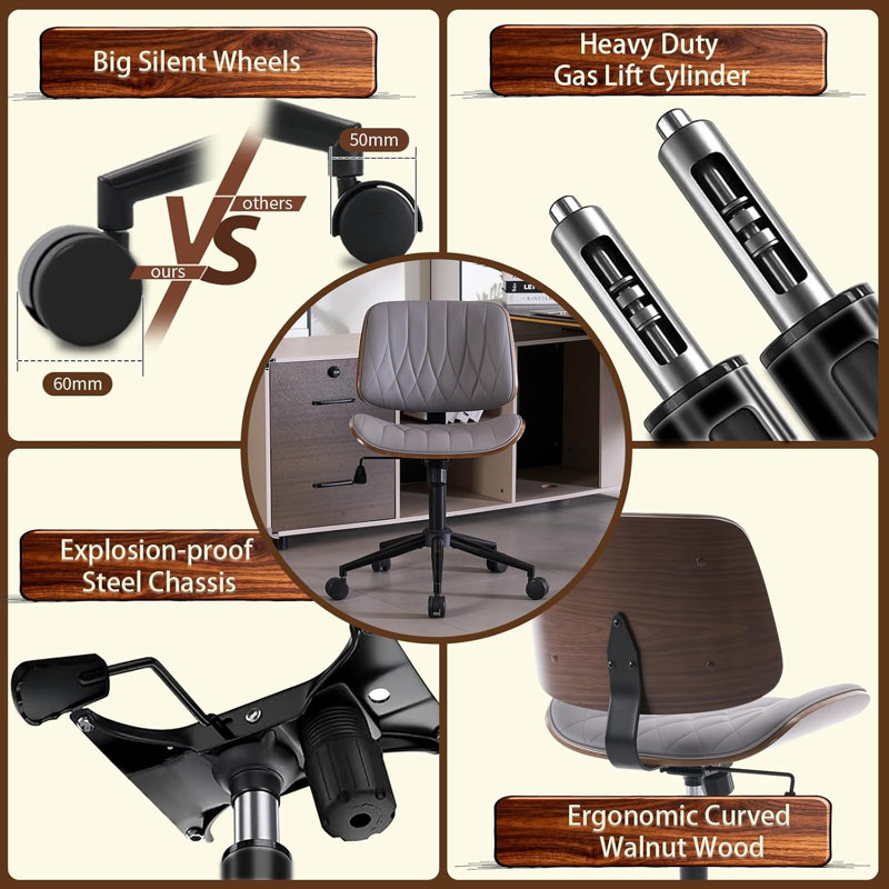  Armless Desk Chair, Modern Office Chair no Arms, Vanity Chair, PU Leather Computer Task Chairs, Ergonomic Desk Chairs for Home Small Space, Dorm, Swivel with Wheels, Mid Century Style, Gray