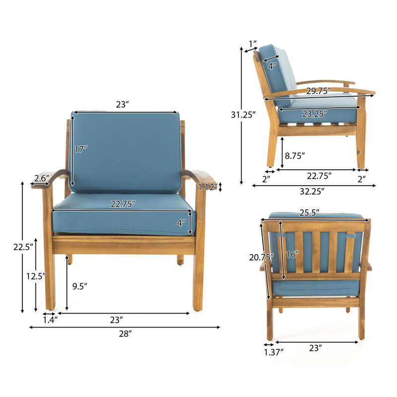 Chaise de patio avec coussins Claytor, Bleu, Teck