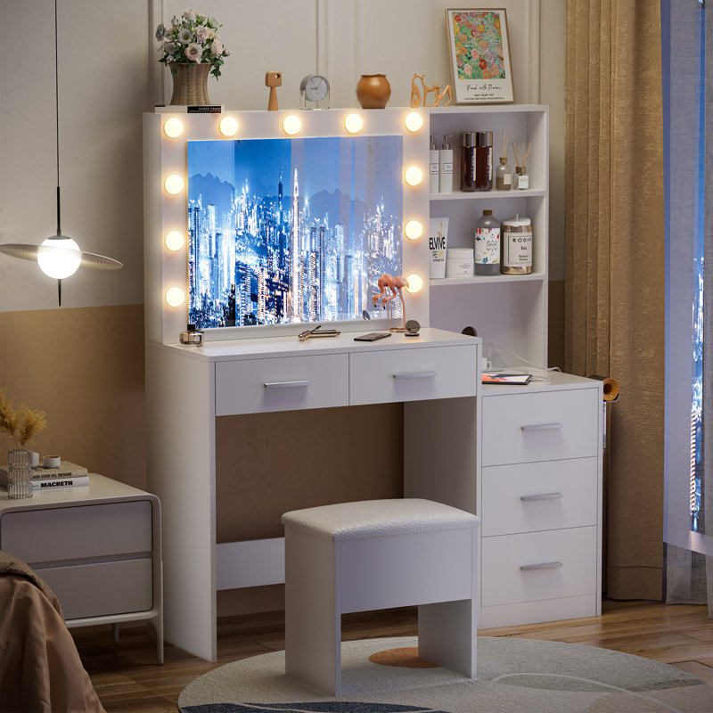 Bureau de maquillage avec tabouret de coiffeuse et miroir