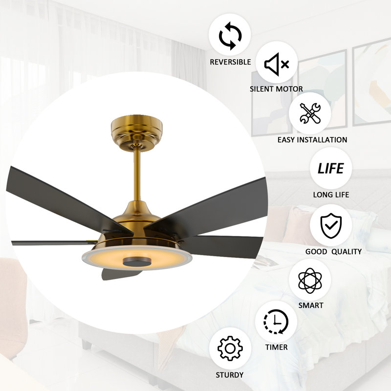 Ventilateur de plafond standard intelligent à 5 pales Gatha avec télécommande et ensemble d'éclairage inclus, Or, 52", Or