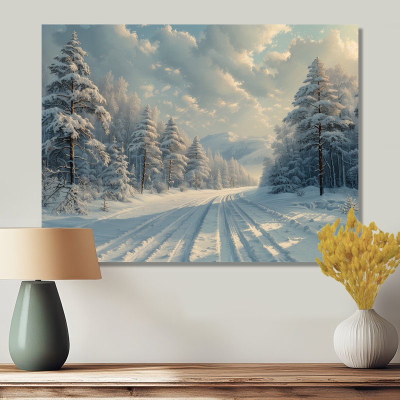 «White Gray Winter Road Into Forest II», art mural paysage d'hiver, Métal métal, H 12 po x l 20 po